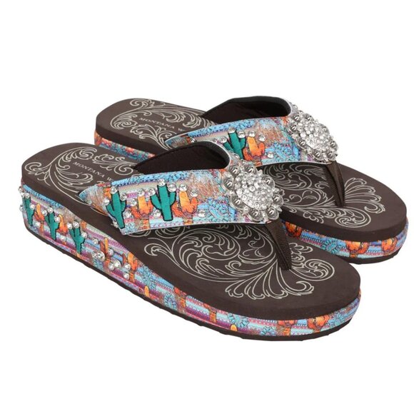MONTANA WEST Western Colorful Cactus Print Wedge Flip Flops Size 10 NWT - Picture 1 of 4